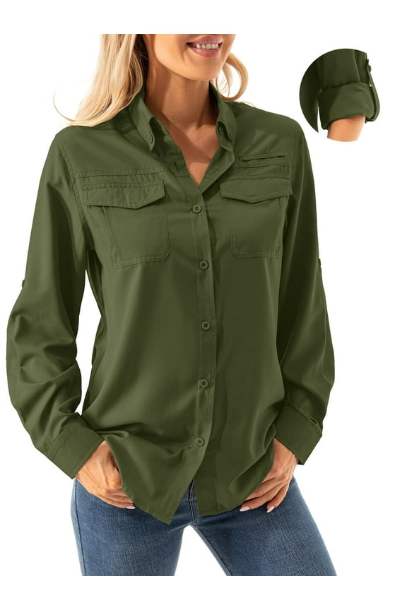 Women Button Casual Loose Tops Collared Long Sleeve Solid Color Shirts Summer Fall Outfits with Pockets Army Green
