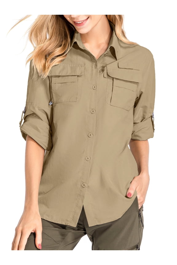 Khaki Button Down Shirts Women Quick Dry Hiking Fishing Work Shirt Sun Protection 50 Summer Tops w/ Mesh Line