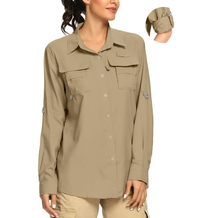 FEN AI Khaki Fishing Shirts Women Quick Dry Hiking Work Shirt Sun Protection UV UPF 50 Button Down Tops w/ Mesh Line Outdoor Safari with 2 Pockets