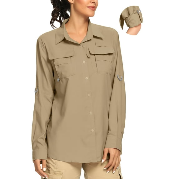 FEN AI Khaki Fishing Shirts Women Quick Dry Hiking Work Shirt Sun Protection UV UPF 50 Button Down Tops w/ Mesh Line Outdoor Safari with 2 Pockets