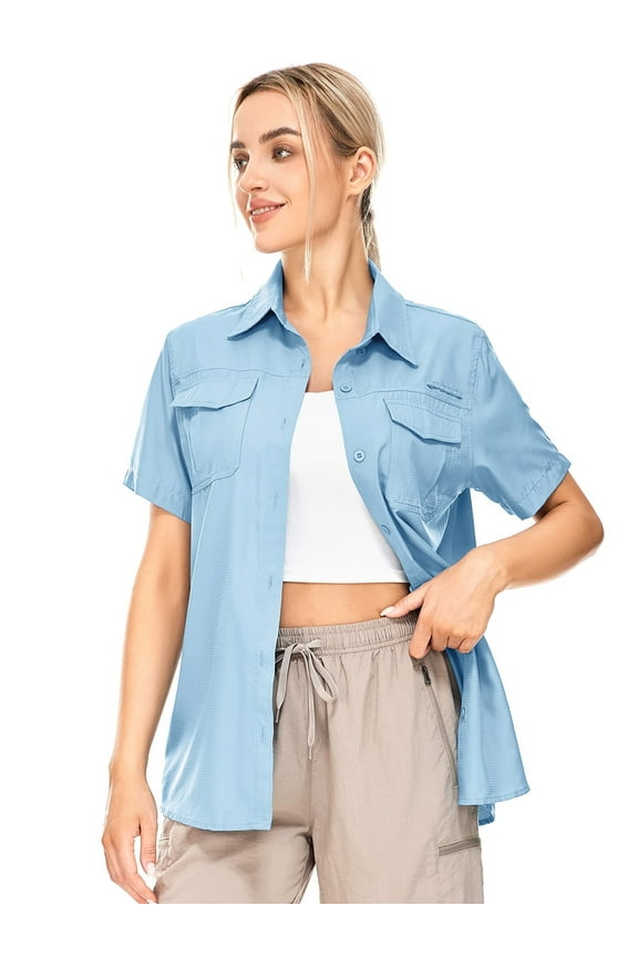 Women Sun Protection Short Sleeve Shirts for Travel Fishing Work Quick Dry Summer Tops Safari Hiking Blouse