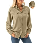 ASFIXIADO Women UPF 50+ UV Sun Protection Safari Shirts Convertible Long Sleeve Button Down Shirt for Hiking Fishing Tops Khaki