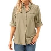 Asfixiado Women UPF 50+ UV Sun Protection Safari Shirts Convertible Long Sleeve Button Down Shirt for Hiking Fishing Tops Khaki