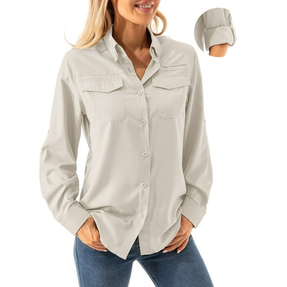 FEN AI Women UV Sun Protection Safari Fishing Shirts, Long Sleeve Convertible 3/4 Sleeve Button Shirt Outdoor Cool Quick Dry Hiking Gardening Tops for Ladies