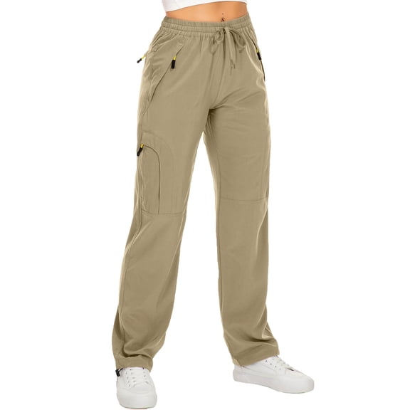 FEN AI Women's Cargo Pants with 5 Zipper Pockets Quick Dry Travel Hiking Sweatpants Ladies Casual Trousers Khaki