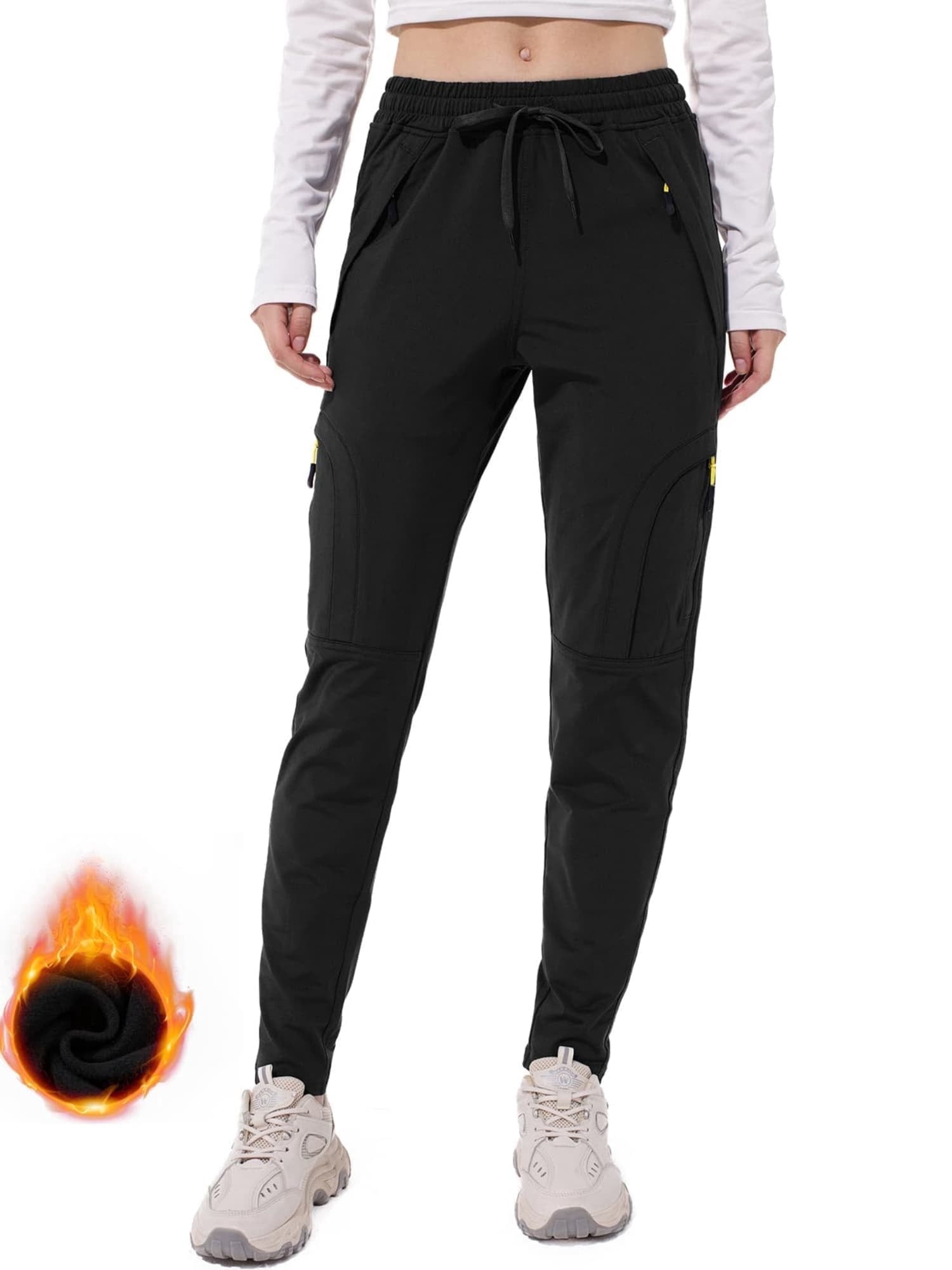 FEN AI Women's Fleece Lined Pants Winter Thermal Ski Pants Hiking Running Joggers Pants with Multi Pockets