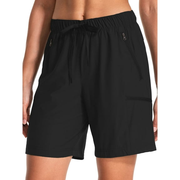 FEN AI Women's Hiking Black Cargo Shorts Quick Dry Lightweight Summer Shorts for Ladies Travel Outdoor Wear with Zipper Pockets