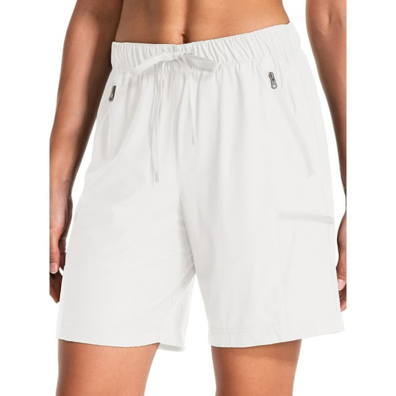 FEN AI Women's Lightweight Fishing Hiking Short Quick Dry Athletic Shorts for Camping Travel Golf w/Zipper Pockets Ladies White Casual Shorts