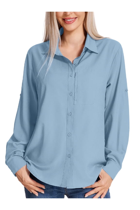 Women's Long Sleeve Button Down Shirts Quick Dry Travel Sun Protection Fishing Hiking Shirt Outdoor Tops