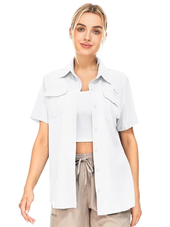 Women's White Button Down Travel Shirts Short Sleeve Tops Outdoor Quick Dry Fishing Work Shirt Casual Loose Blouses for Summer Beach