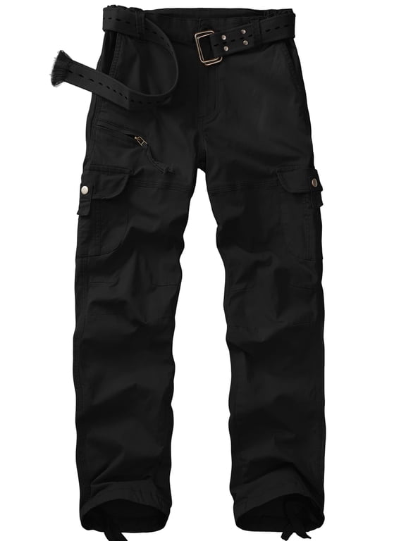 Womens Black Cotton Cargo Pants with 7 Pockets, Outdoor Work Pant for Women Casual Streetwear Work Trousers (No Belt)