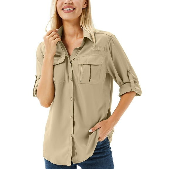 FEN AI Womens Collared Button up 3/4 Sleeve Shirt Convertible Long Sleeve Shirts UPF Sun Protection Outdoor Tops Quick Dry Hiking Fishing Blouses