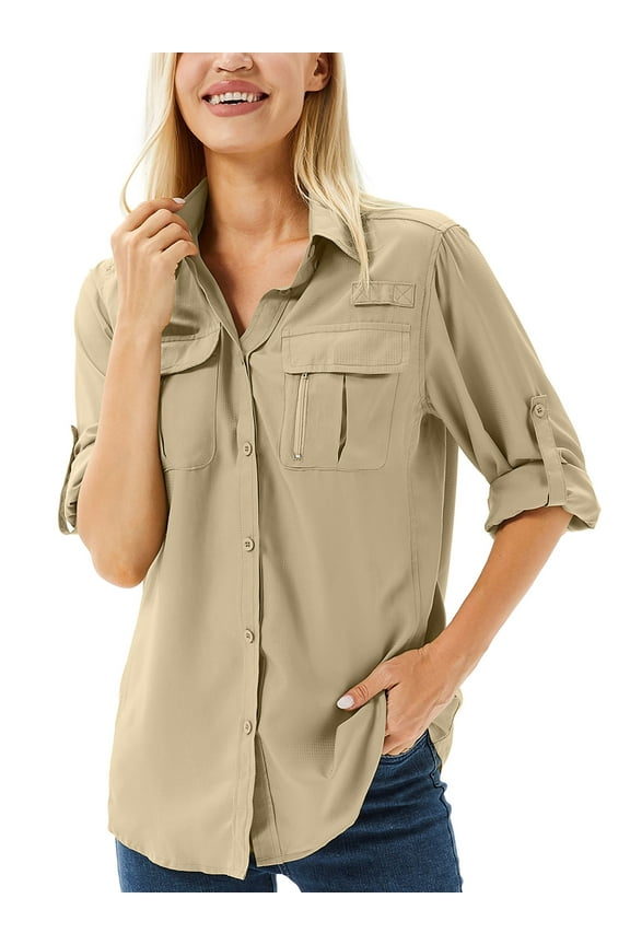 Womens Collared Button up 3/4 Sleeve Shirt Convertible Long Sleeve Shirts UPF Sun Protection Outdoor Tops Quick Dry Hiking Fishing Blouses