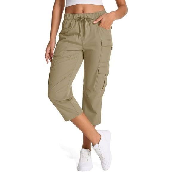 FEN AI Womens Drawstring Lounge Pants Loose Fit Causal Dressy Lightweight Capri Pants Ladies Baggy Cargo Trousers for Hiking with Zipper Pockets