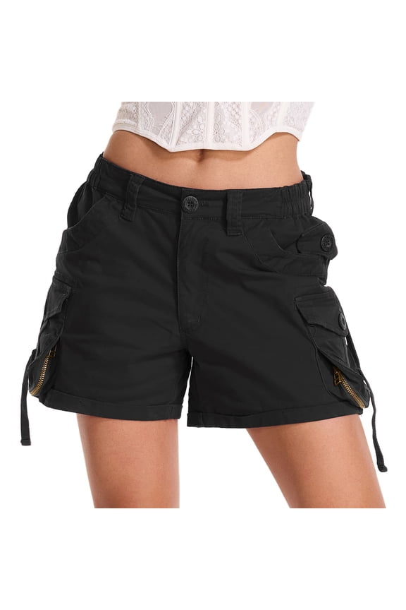 Womens Black Cargo Shorts Elastic Waist Casual Summer Shorts Bermuda Hiking Outdoor Short with 5 Pockets