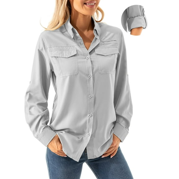 FEN AI Womens Gray UPF 50 Long Sleeve Tops Safari Shirts Outdoor Quick Dry UV Sun Protection Shirt for Travel Summer Beach Fishing Hiking Blouse