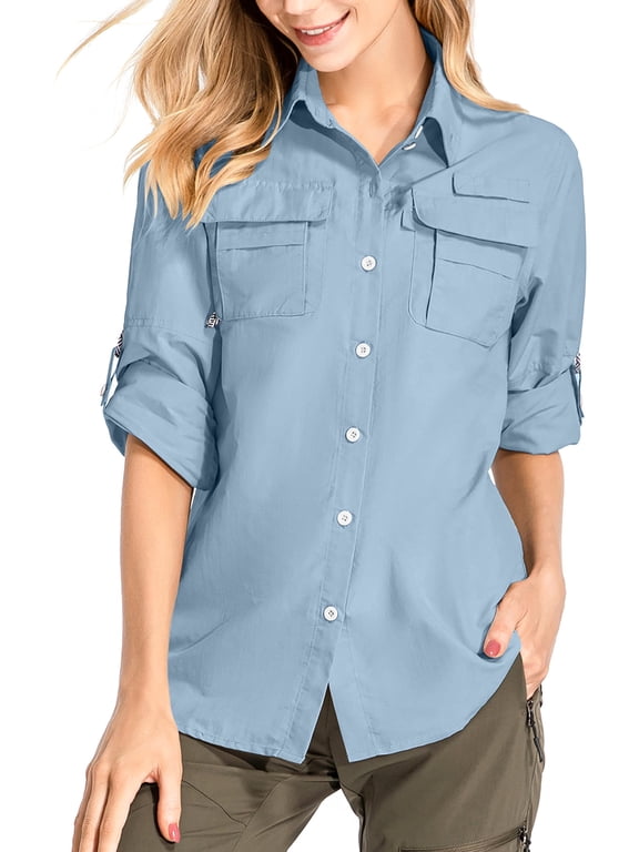 Button Down for Shirts Quick Dry Fishing Hiking Shirts Summer Beach Blouse Blue