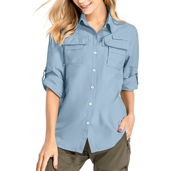 Asfixiado Womens V Neck Roll up Sleeve Button Down Shirts Loose Fit Blouses UPF 50+ UV Protection Tops for Summer Beach Blue