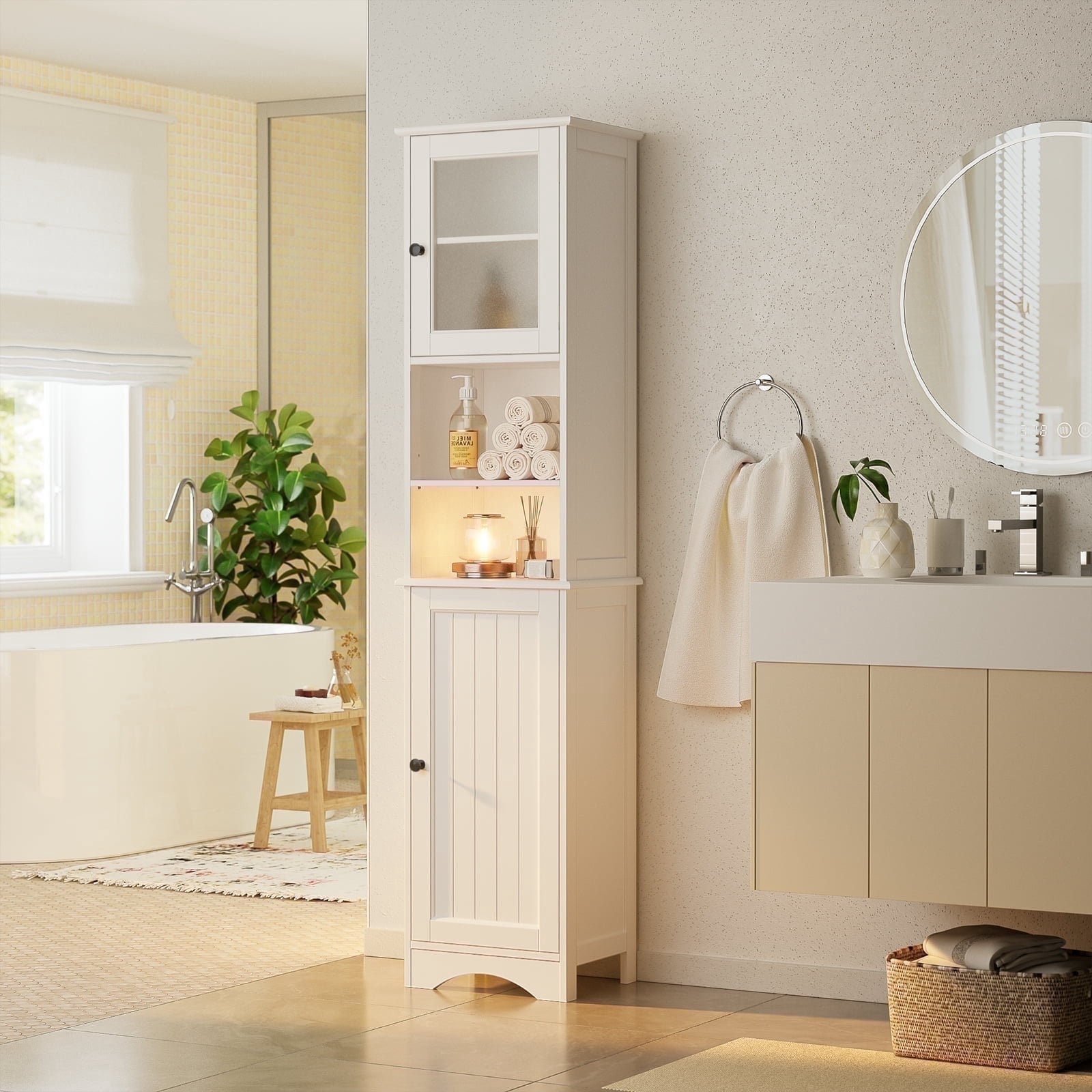 Asofer Bathroom Storage Cabinet，Narrow Tall Cabinet Storage Tower with Glass Door，Shelves and Open Storage，Living Room，Kitchen，Study，White