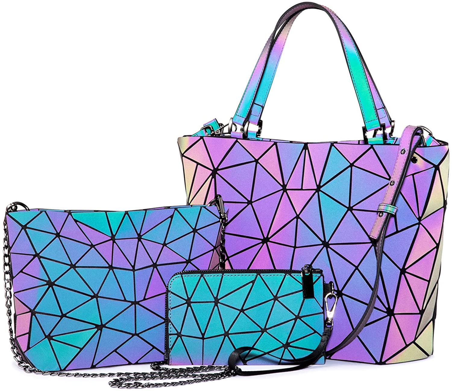 Geometric Luminous Purse and Handbag for Women Holographic Reflective Bag Wallet