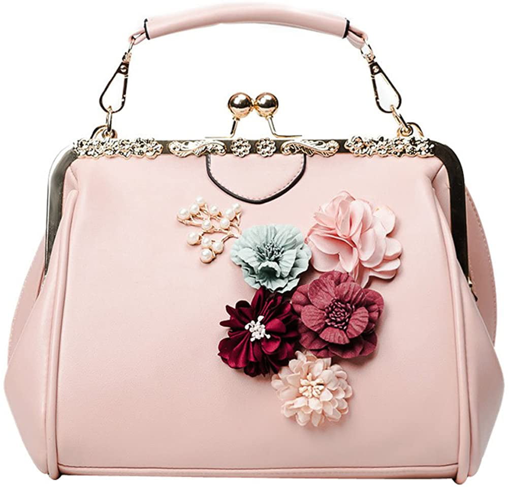 Bags, Flower Applique Kiss Lock Pu Leather Bag Pink