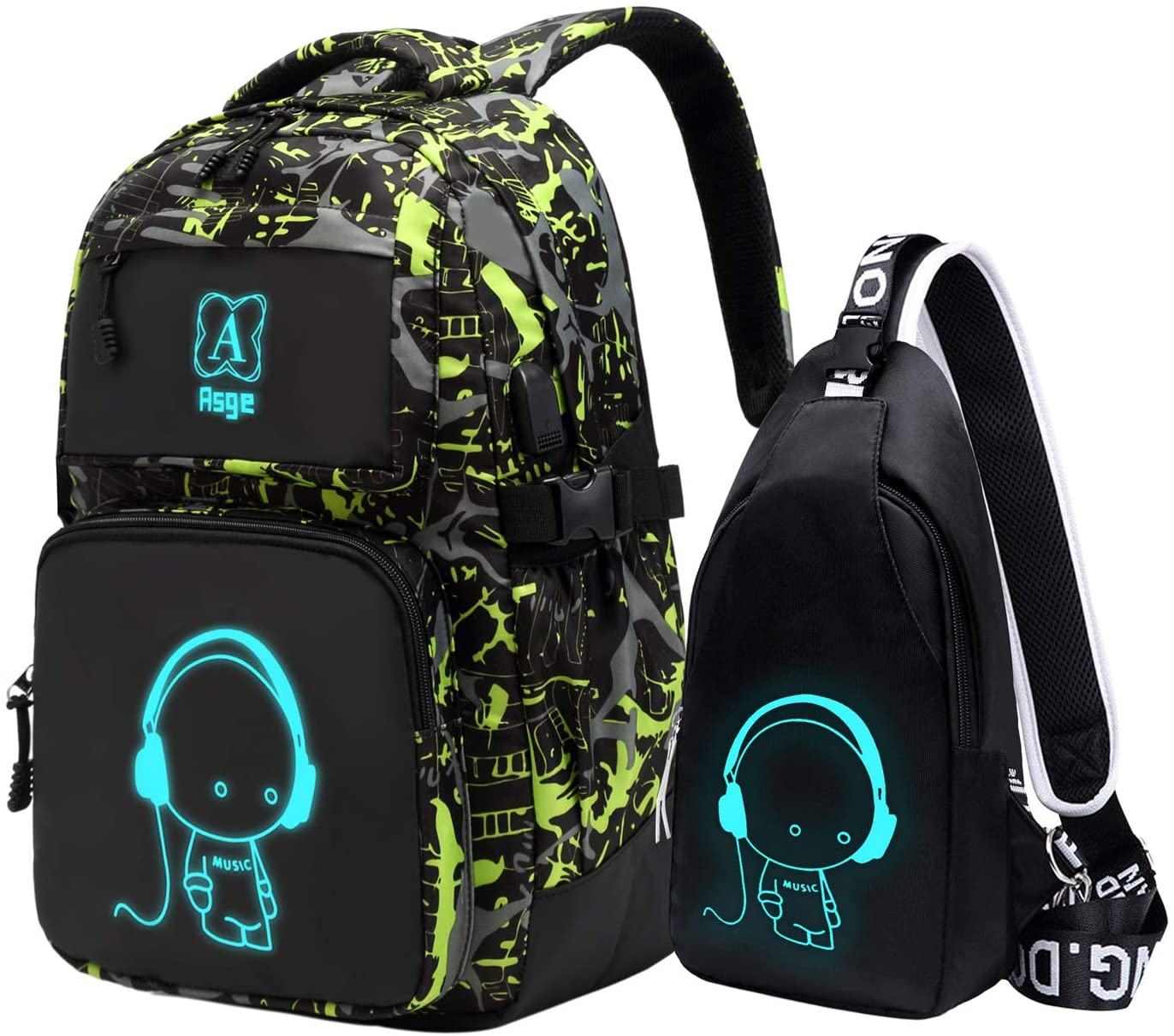 Asge boys backpack for kids Luminous camo School Bags for girls Bookbag and Sling Bag Set - image 1 of 8