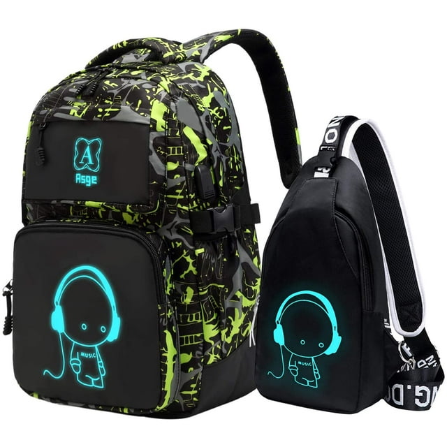 Asge boys backpack for kids Luminous camo School Bags for girls Bookbag and Sling Bag Set