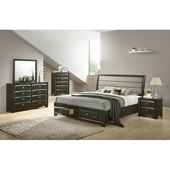 Asger Wood Bedroom Set with Upholstered Storage Bed, Dresser, Mirror, Nightstand, Chest, King Size, Antique Gray Finish