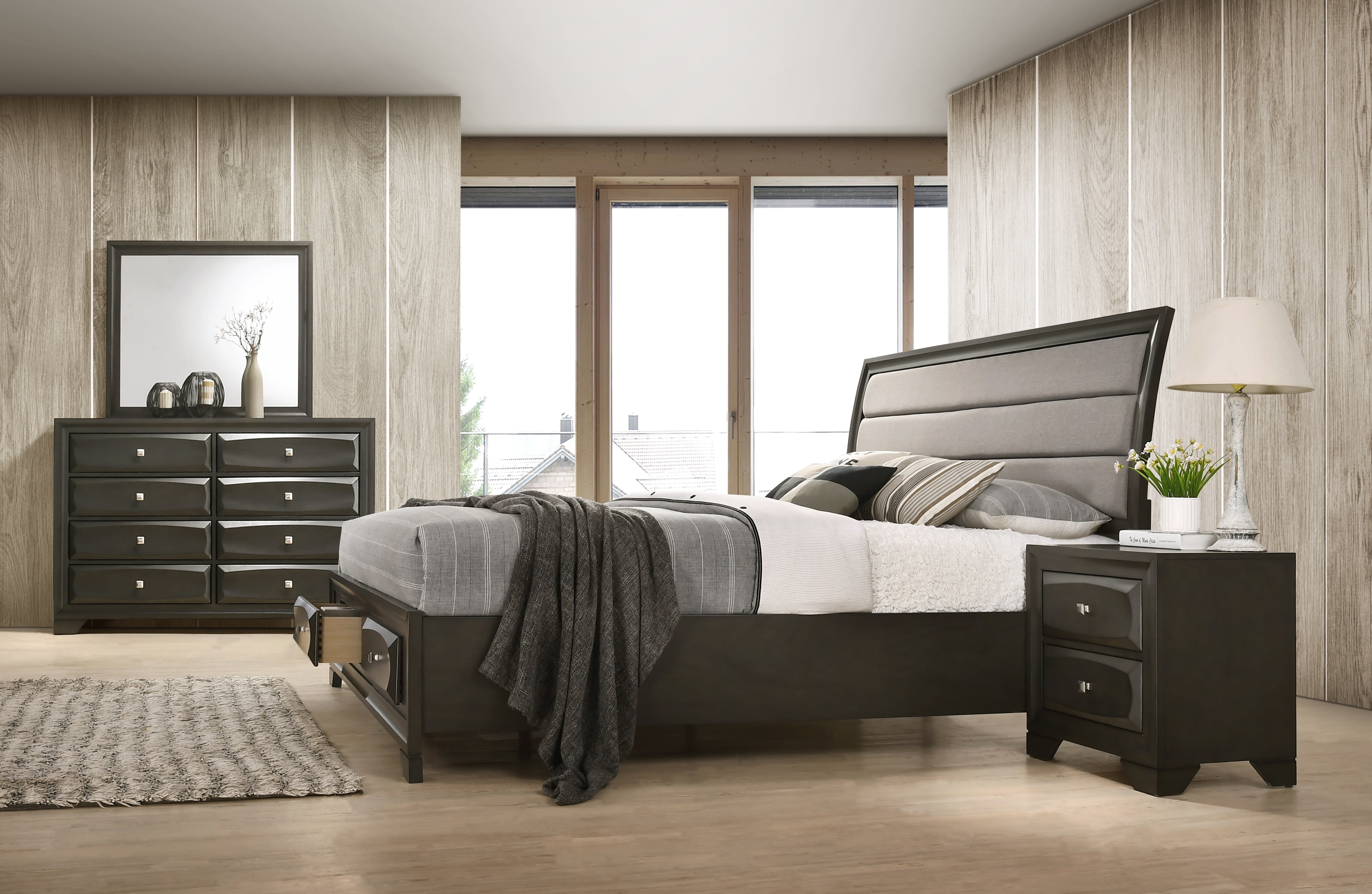 Asger Wood Bedroom Set with Upholstered Storage Bed, Dresser, Mirror,  Nightstand, Queen Size, Antique Gray Finish - Walmart.com