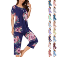 thumbnail image 1 of Asgosdo 2 Piece Pajamas Sets for Women Print Short Sleeve Half Button Pleated Sleepwear and Capris Pants with Pockets Soft Comfy Loungewear, 1 of 5