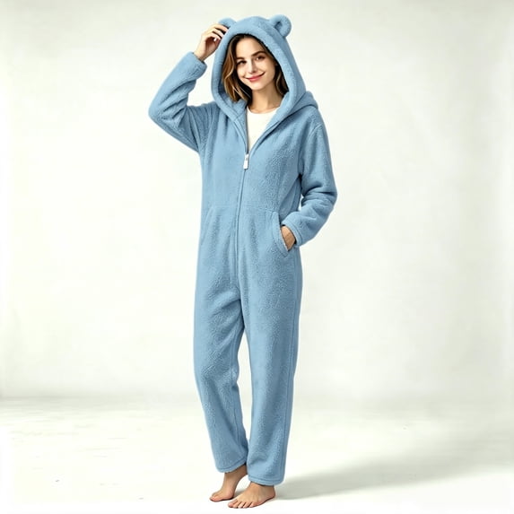Asgosdo Adult Onesie Pajamas for Women Fleece Lined Cute Bear Ear Hooded Zip Warm Winter One Piece Romper Soft Comfy Loungewear
