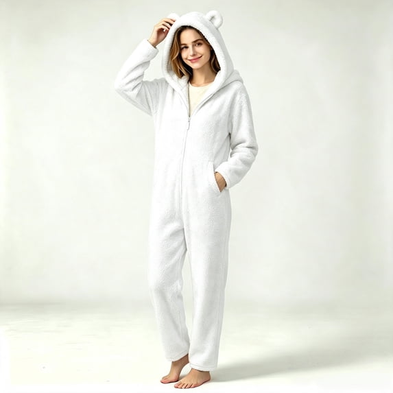 Asgosdo Adult Onesie Pajamas for Women Fleece Lined Cute Bear Ear Hooded Zip Warm Winter One Piece Romper Soft Comfy Loungewear