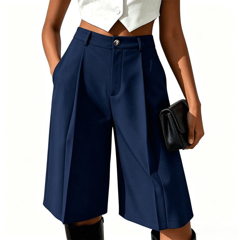 Asgosdo Bermuda Shorts for Women High Waisted Button Knee Length Casual Business Dress Shorts with Pockets