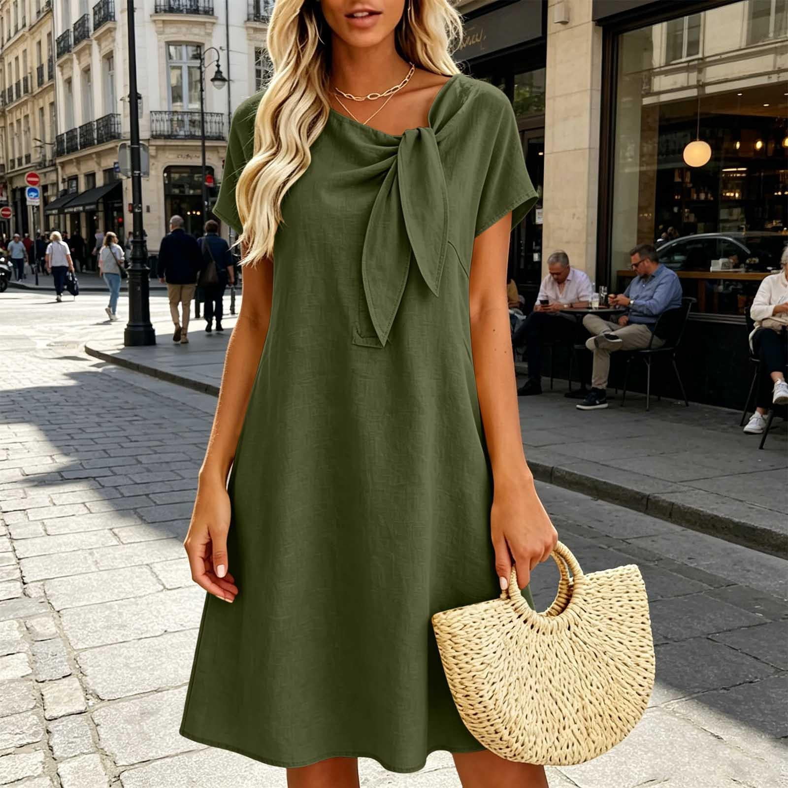 cotton short sleeve dresses Asgosdo Dresses for Women Summer Cotton Linen Short Sleeve Solid Color Casual Cozy Going Out Midi Dress, Women's, Size: Large, Green