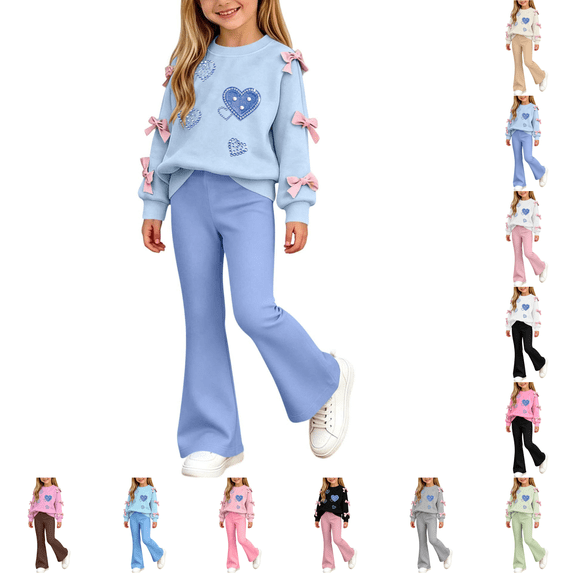 Asgosdo Fall Two Piece Sets for Girls Bow Long Sleeve Top and Flared Pant Cute Casual Outfits Teen Winter Clothes Size 5-15Y