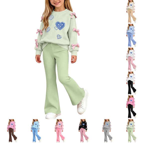 Asgosdo Fall Two Piece Sets for Girls Bow Long Sleeve Top and Flared Pant Cute Casual Outfits Teen Winter Clothes Size 5-15Y