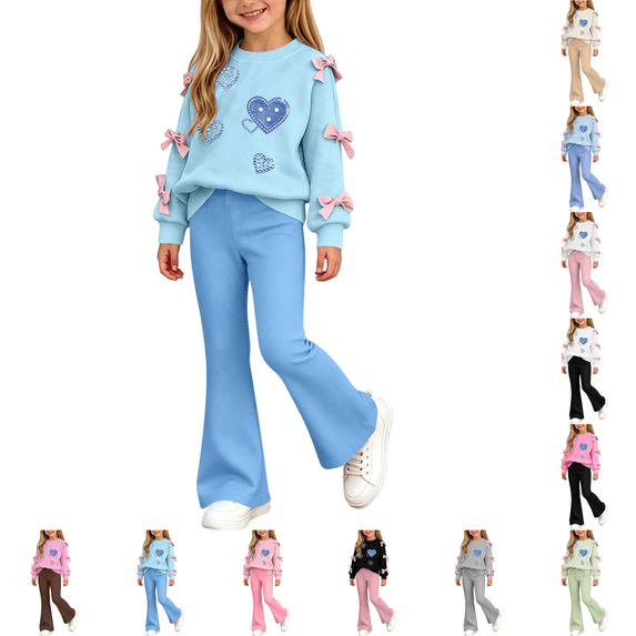 Asgosdo Fall Two Piece Sets for Girls Bow Long Sleeve Top and Flared Pant Cute Casual Outfits Teen Winter Clothes Size 5-15Y