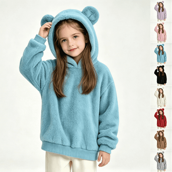 Asgosdo Fleece Hoodies for Girls Bear Ears Cute Casual Oversized Kids Fall Sweatshirts Y2K Teen Warm Winter Pullover Size 4-15Y