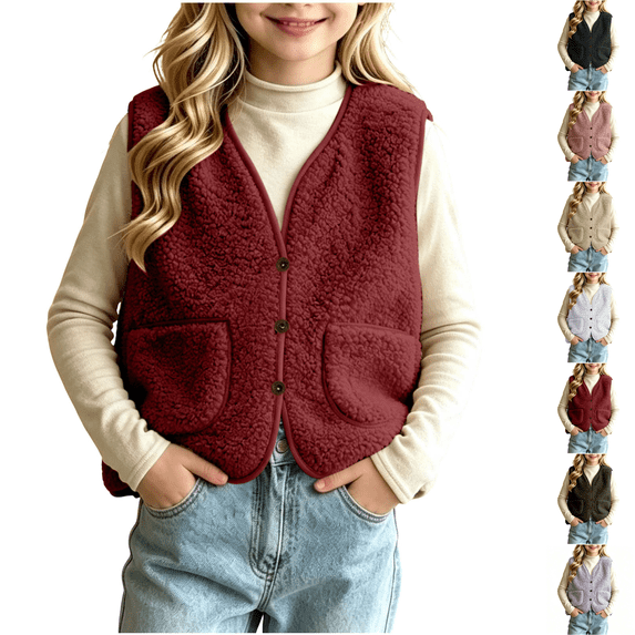 Asgosdo Fleece Vest for Girls Button Down V Neck Sleeveless Causal Trendy Fall Jacket with Pockets Size 5-13Y