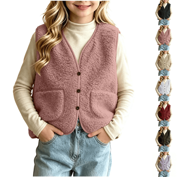 Asgosdo Fleece Vest for Girls Button Down V Neck Sleeveless Causal Trendy Fall Jacket with Pockets Size 5-13Y