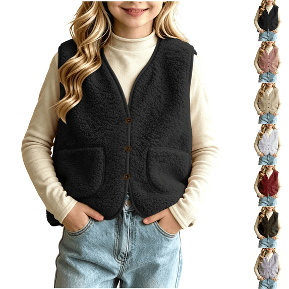 Asgosdo Fleece Vest for Girls Button Down V Neck Sleeveless Causal Trendy Fall Jacket with Pockets Size 5-13Y