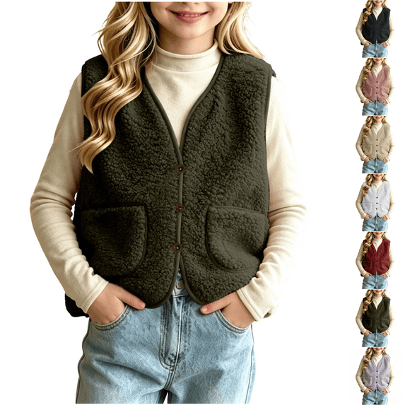 Asgosdo Fleece Vest for Girls Button Down V Neck Sleeveless Causal Trendy Fall Jacket with Pockets Size 5-13Y