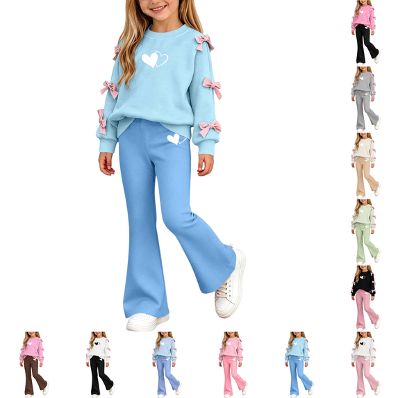 Asgosdo Girls Fall Two Piece Sets for Girls Bow Long Sleeve Top and Flared Pant Cute Casual Outfits Teen Winter Clothes Size 5-15Y