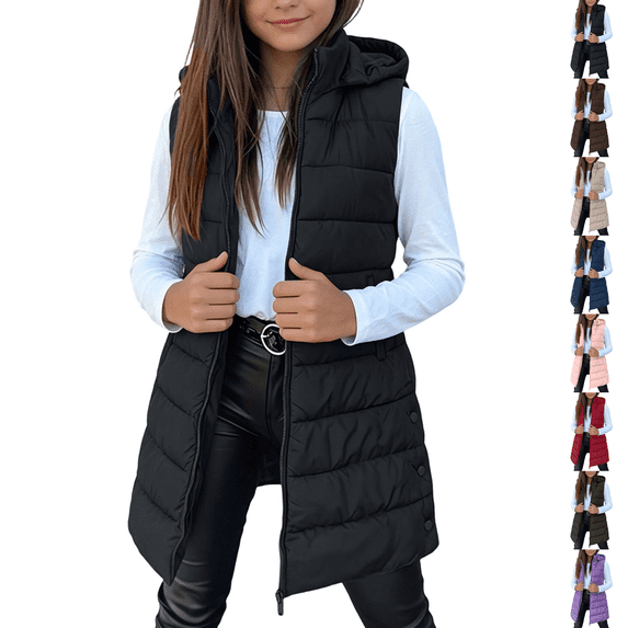 Asgosdo Girls Hooded Puffer Vest Zip Up Sleeveless Side Button Casual Warm Kids Long Quilted Jackets with Pockets Size 3-14Y