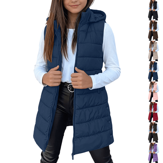 Asgosdo Girls Hooded Puffer Vest Zip Up Sleeveless Side Button Casual Warm Kids Long Quilted Jackets with Pockets Size 3-14Y