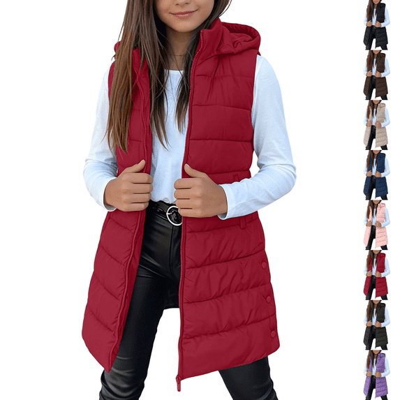 Asgosdo Girls Hooded Puffer Vest Zip Up Sleeveless Side Button Casual Warm Kids Long Quilted Jackets with Pockets Size 3-14Y