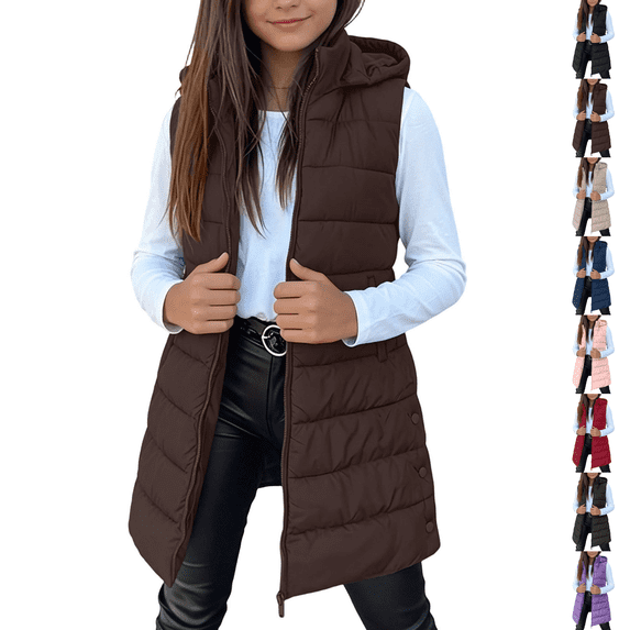 Asgosdo Girls Hooded Puffer Vest Zip Up Sleeveless Side Button Casual Warm Kids Long Quilted Jackets with Pockets Size 3-14Y