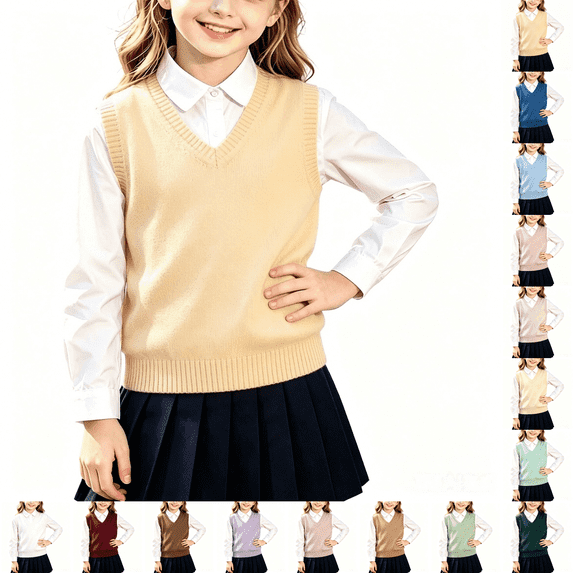 Asgosdo Girls Knit Vest Cotton Sleeveless V Neck Teen School Uniform Pullover Classic Sweater Tops Size 5-17Y