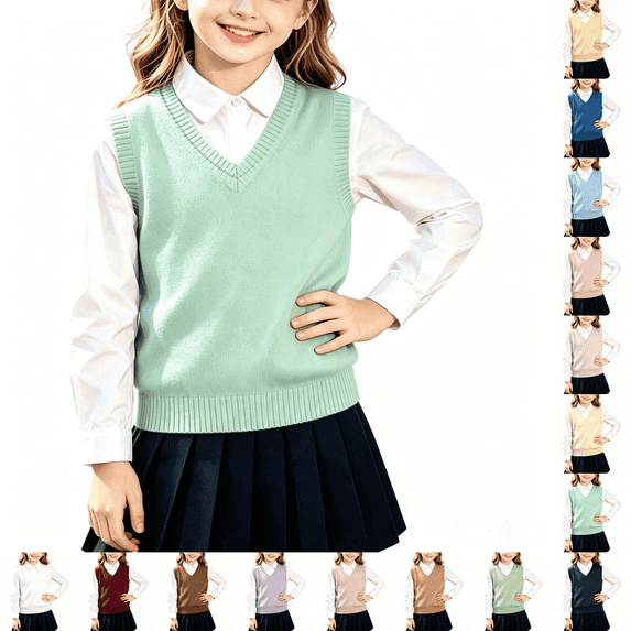 Asgosdo Girls Knit Vest Cotton Sleeveless V Neck Teen School Uniform Pullover Classic Sweater Tops Size 5-17Y
