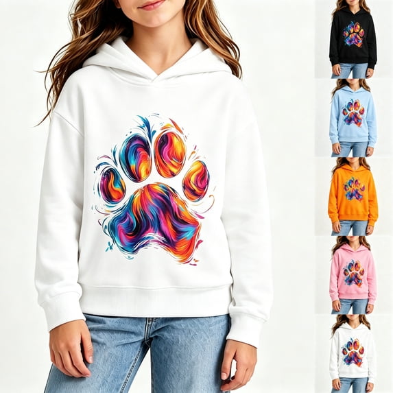 Asgosdo Girls Pullover Hoodie Colorful Paw Print Ribbed Cuffs Long Sleeve Sweatshirt for 1‑10 Years Old